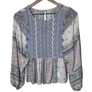 American Eagle Peasant Blouse Floral Tassel Long Sleeve Boho cottage Top Size XS